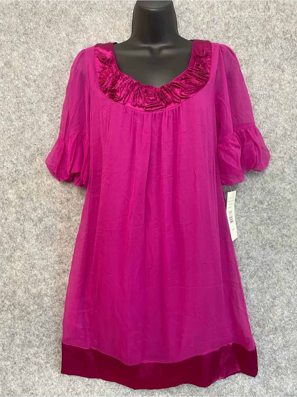 100% Silk Dress Womens 8 Magenta Floral Rosette Puff Sleeve NWT Fairy Romantic